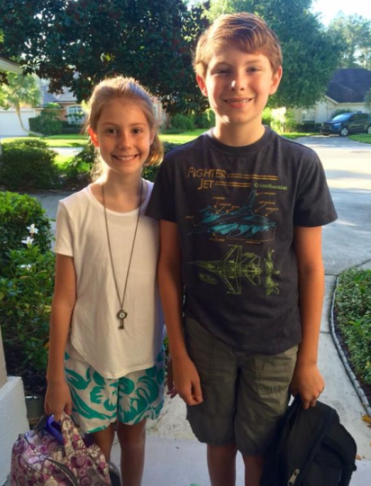 Jenna and Patrick Dalton on their first day of school at Mandarin Middle School, book bags de rigeur (2016-2017 academic year)